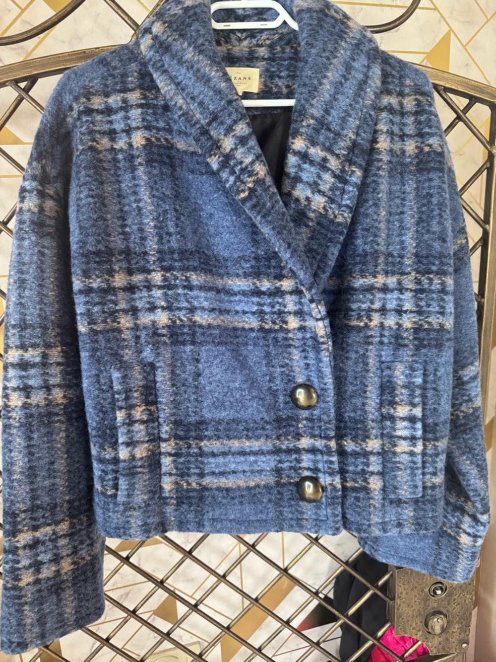 Sezane Blue Plaid Cropped Wool Blazer